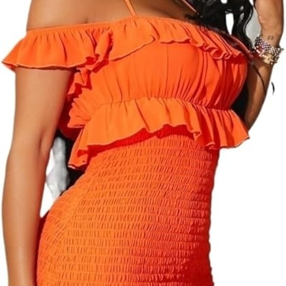 Orange Off-Shoulder Ruffle Dress